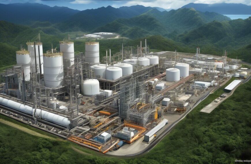 Create an image depicting the expansion of ExxonMobil's PNG LNG project. Show advanced liquefied natural gas facilities set against the lush landscape of Papua New Guinea, highlighting modern engineering and technology. Include visuals of pipelines, storage tanks, and infrastructure, along with workers in protective gear actively engaged in the operations. The scene should convey innovation and progress in the energy industry.