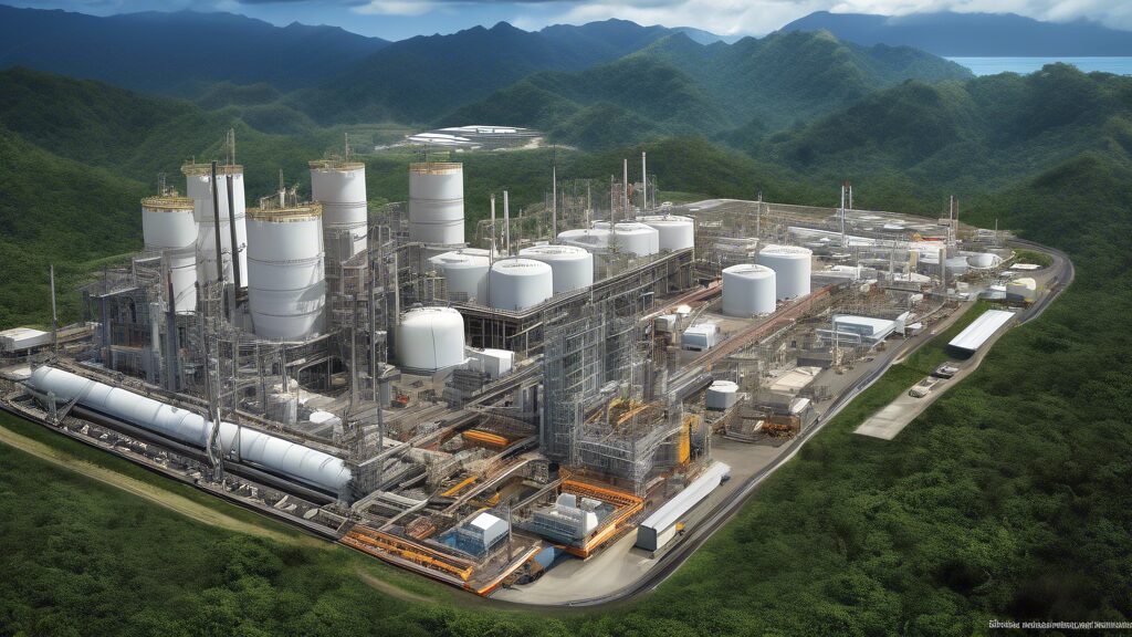 Create an image depicting the expansion of ExxonMobil's PNG LNG project. Show advanced liquefied natural gas facilities set against the lush landscape of Papua New Guinea, highlighting modern engineering and technology. Include visuals of pipelines, storage tanks, and infrastructure, along with workers in protective gear actively engaged in the operations. The scene should convey innovation and progress in the energy industry.