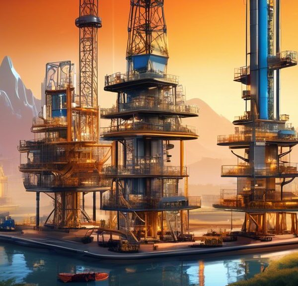 Create a futuristic scene depicting the growth and innovation of Oil & Gas Development Co Ltd. Show advanced drilling rigs, state-of-the-art technologies, and eco-friendly practices in a vibrant environment. Include elements of modern infrastructure, sustainable energy integration, and a team of diverse engineers and professionals working together. The background should feature a balance of natural landscapes and cutting-edge facilities.