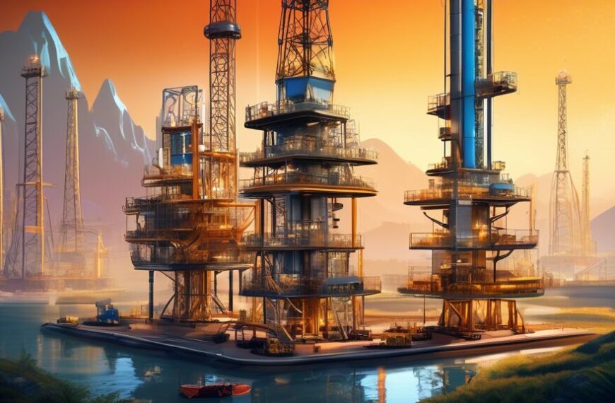 Create a futuristic scene depicting the growth and innovation of Oil & Gas Development Co Ltd. Show advanced drilling rigs, state-of-the-art technologies, and eco-friendly practices in a vibrant environment. Include elements of modern infrastructure, sustainable energy integration, and a team of diverse engineers and professionals working together. The background should feature a balance of natural landscapes and cutting-edge facilities.