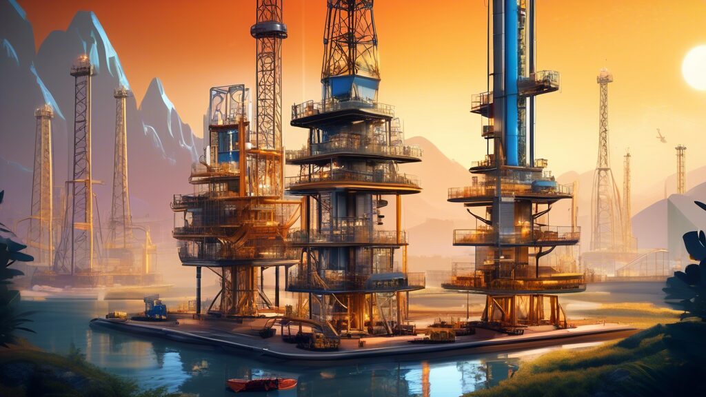 Create a futuristic scene depicting the growth and innovation of Oil & Gas Development Co Ltd. Show advanced drilling rigs, state-of-the-art technologies, and eco-friendly practices in a vibrant environment. Include elements of modern infrastructure, sustainable energy integration, and a team of diverse engineers and professionals working together. The background should feature a balance of natural landscapes and cutting-edge facilities.