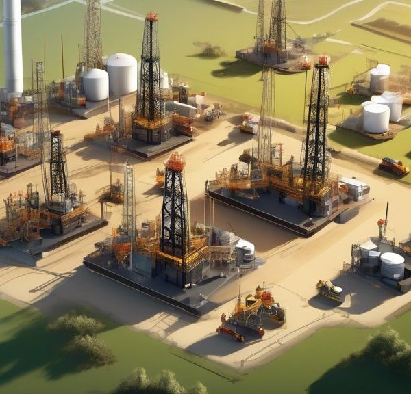 Create an image showing an advanced oil and gas drilling site with multiple drilling rigs arranged strategically in an organized pattern. Display modern technology being utilized with engineers monitoring equipment on tablets and computers. The scene should depict efficiency and collaborative teamwork, with clear weather and a background of a landscape with rolling hills and pipelines. Include annotations or arrows to highlight how infill drilling optimizes the usage of the field area.