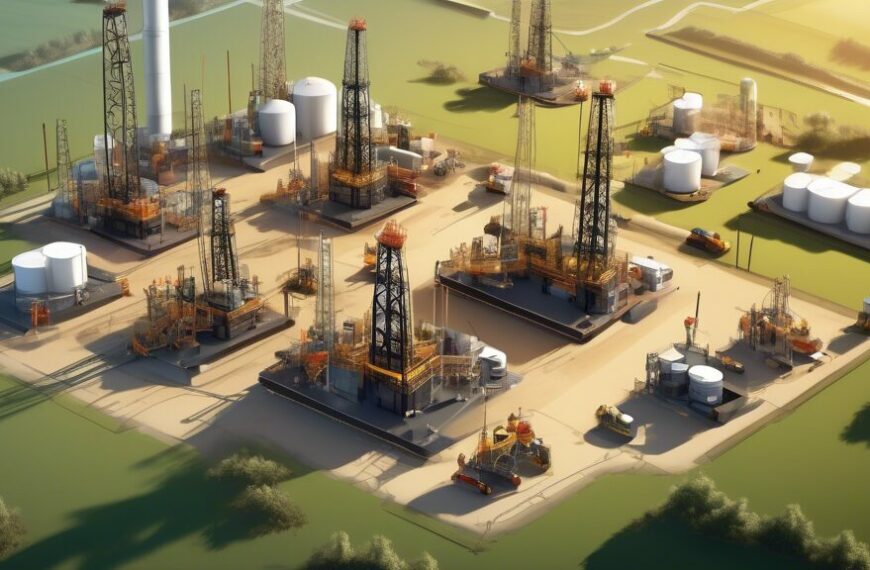 Create an image showing an advanced oil and gas drilling site with multiple drilling rigs arranged strategically in an organized pattern. Display modern technology being utilized with engineers monitoring equipment on tablets and computers. The scene should depict efficiency and collaborative teamwork, with clear weather and a background of a landscape with rolling hills and pipelines. Include annotations or arrows to highlight how infill drilling optimizes the usage of the field area.