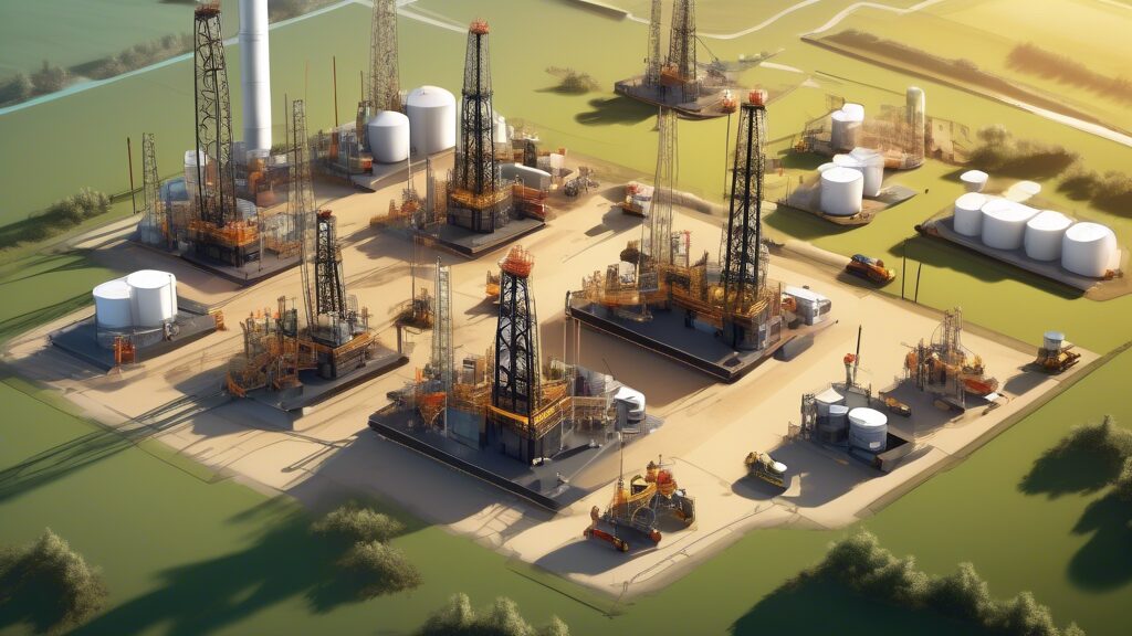 Create an image showing an advanced oil and gas drilling site with multiple drilling rigs arranged strategically in an organized pattern. Display modern technology being utilized with engineers monitoring equipment on tablets and computers. The scene should depict efficiency and collaborative teamwork, with clear weather and a background of a landscape with rolling hills and pipelines. Include annotations or arrows to highlight how infill drilling optimizes the usage of the field area.