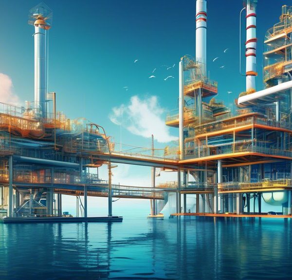 Create an illustration of a futuristic coastal facility dedicated to the Midia Gas Development, showcasing advanced energy extraction technologies, clean pipelines extending into the sea, and a hub of activity with engineers and researchers optimizing the process. The backdrop should feature pristine waters and a clear sky to symbolize environmental harmony and sustainable energy potential.