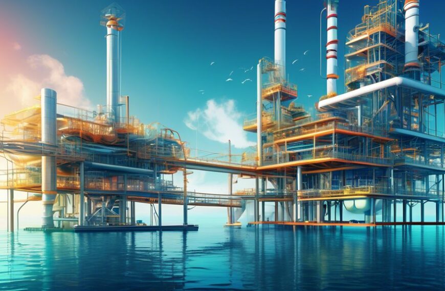 Create an illustration of a futuristic coastal facility dedicated to the Midia Gas Development, showcasing advanced energy extraction technologies, clean pipelines extending into the sea, and a hub of activity with engineers and researchers optimizing the process. The backdrop should feature pristine waters and a clear sky to symbolize environmental harmony and sustainable energy potential.