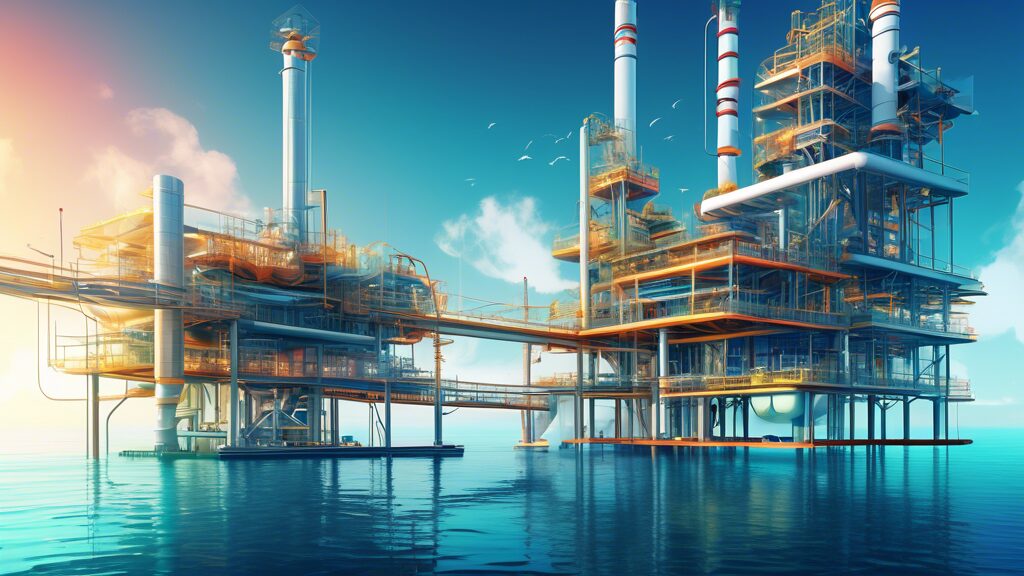 Create an illustration of a futuristic coastal facility dedicated to the Midia Gas Development, showcasing advanced energy extraction technologies, clean pipelines extending into the sea, and a hub of activity with engineers and researchers optimizing the process. The backdrop should feature pristine waters and a clear sky to symbolize environmental harmony and sustainable energy potential.