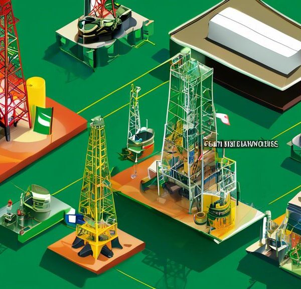 Create an illustration depicting the Nigerian Content Development and Monitoring Board (NCDMB) significantly impacting Nigeria's oil and gas industry. Show a blend of modern oil rigs and refineries with Nigerian workers and engineers actively engaged. Incorporate elements like Nigerian flags, oil barrels, and advanced engineering tools to highlight the local workforce's growing role and technological advancement in the industry.