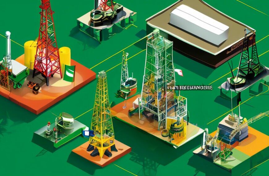 Create an illustration depicting the Nigerian Content Development and Monitoring Board (NCDMB) significantly impacting Nigeria's oil and gas industry. Show a blend of modern oil rigs and refineries with Nigerian workers and engineers actively engaged. Incorporate elements like Nigerian flags, oil barrels, and advanced engineering tools to highlight the local workforce's growing role and technological advancement in the industry.