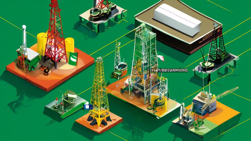 Create an illustration depicting the Nigerian Content Development and Monitoring Board (NCDMB) significantly impacting Nigeria's oil and gas industry. Show a blend of modern oil rigs and refineries with Nigerian workers and engineers actively engaged. Incorporate elements like Nigerian flags, oil barrels, and advanced engineering tools to highlight the local workforce's growing role and technological advancement in the industry.