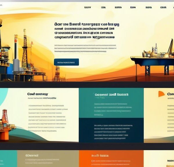 Create a modern, user-friendly webpage design for an energy company, Eland Oil and Gas, showcasing navigation tips, a detailed site map, and engaging visuals like oil rigs and refinery operations. The layout should be clean and professional, incorporating elements that guide users on how to access information easily.