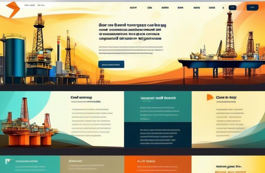 Create a modern, user-friendly webpage design for an energy company, Eland Oil and Gas, showcasing navigation tips, a detailed site map, and engaging visuals like oil rigs and refinery operations. The layout should be clean and professional, incorporating elements that guide users on how to access information easily.