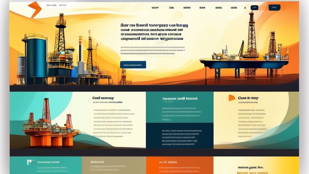 Create a modern, user-friendly webpage design for an energy company, Eland Oil and Gas, showcasing navigation tips, a detailed site map, and engaging visuals like oil rigs and refinery operations. The layout should be clean and professional, incorporating elements that guide users on how to access information easily.