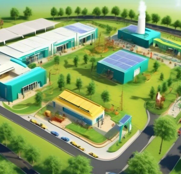 Create an image depicting OGDCL's (Oil and Gas Development Company Limited) commitment to corporate social responsibility (CSR). The scene should include various elements: a modern industrial facility with clean energy features like solar panels and wind turbines, a community center with people engaging in educational activities, a healthcare tent providing free services, and employees planting trees in a lush green environment. The overall atmosphere should be positive and vibrant, highlighting OGDCL's dedication to environmental sustainability, community development, and social welfare.