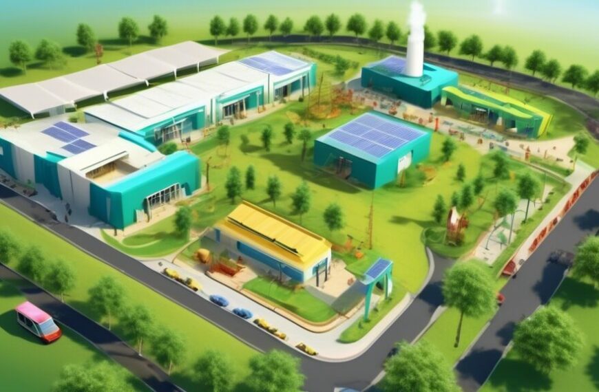 Create an image depicting OGDCL's (Oil and Gas Development Company Limited) commitment to corporate social responsibility (CSR). The scene should include various elements: a modern industrial facility with clean energy features like solar panels and wind turbines, a community center with people engaging in educational activities, a healthcare tent providing free services, and employees planting trees in a lush green environment. The overall atmosphere should be positive and vibrant, highlighting OGDCL's dedication to environmental sustainability, community development, and social welfare.