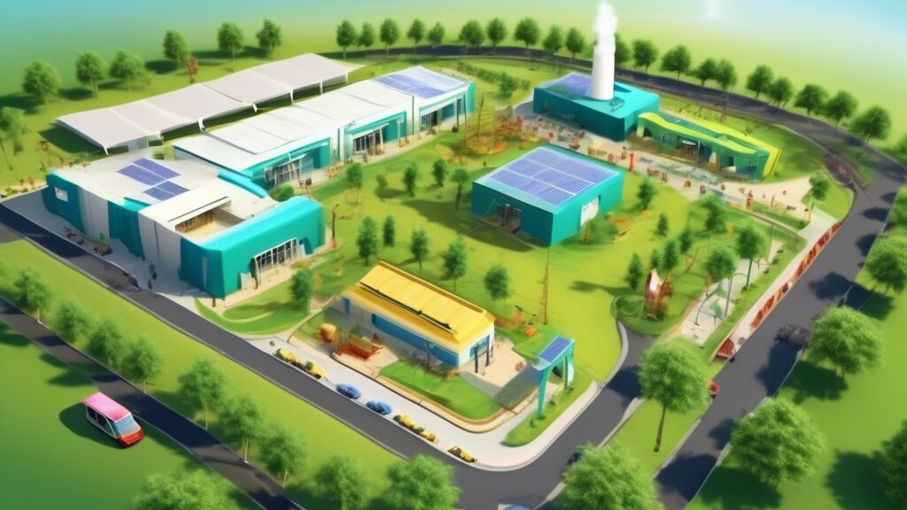 Create an image depicting OGDCL's (Oil and Gas Development Company Limited) commitment to corporate social responsibility (CSR). The scene should include various elements: a modern industrial facility with clean energy features like solar panels and wind turbines, a community center with people engaging in educational activities, a healthcare tent providing free services, and employees planting trees in a lush green environment. The overall atmosphere should be positive and vibrant, highlighting OGDCL's dedication to environmental sustainability, community development, and social welfare.