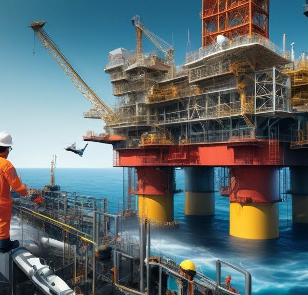 Create an image that captures the full lifecycle of oil and gas exploration, development, and production. In the foreground, depict an offshore oil rig with workers in safety gear, drilling into the ocean floor. Surrounding the rig, illustrate various stages such as seismic surveys, which can be represented by ships on the water and data charts. In the background, show an onshore well pad with pump jacks, pipelines transporting oil and gas, and a refinery transforming the raw material into usable products. Include elements of environmental monitoring to reflect modern safety and conservation efforts.