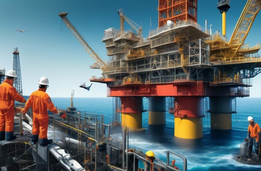 Create an image that captures the full lifecycle of oil and gas exploration, development, and production. In the foreground, depict an offshore oil rig with workers in safety gear, drilling into the ocean floor. Surrounding the rig, illustrate various stages such as seismic surveys, which can be represented by ships on the water and data charts. In the background, show an onshore well pad with pump jacks, pipelines transporting oil and gas, and a refinery transforming the raw material into usable products. Include elements of environmental monitoring to reflect modern safety and conservation efforts.