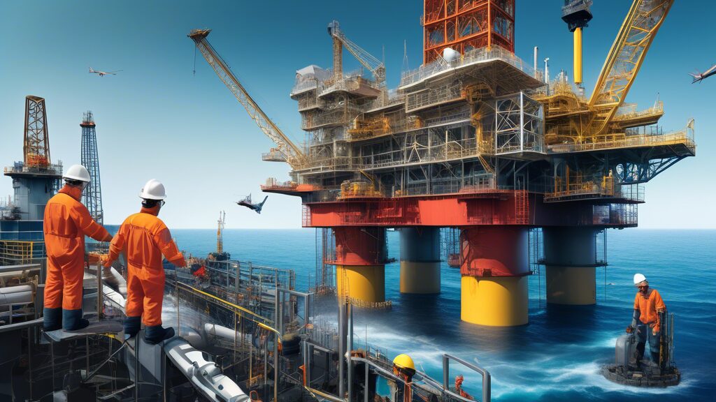 Create an image that captures the full lifecycle of oil and gas exploration, development, and production. In the foreground, depict an offshore oil rig with workers in safety gear, drilling into the ocean floor. Surrounding the rig, illustrate various stages such as seismic surveys, which can be represented by ships on the water and data charts. In the background, show an onshore well pad with pump jacks, pipelines transporting oil and gas, and a refinery transforming the raw material into usable products. Include elements of environmental monitoring to reflect modern safety and conservation efforts.