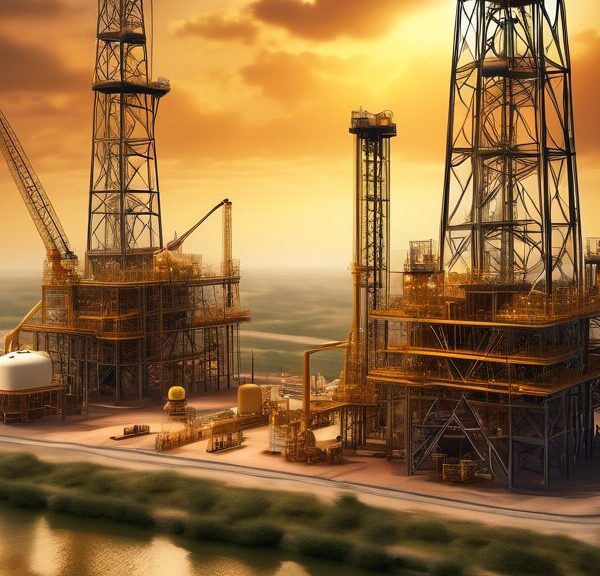 Create an image depicting the vital role of Oil & Gas Development Co (OGDCL) in the energy sector, showcasing an expansive oil rig operation with OGDCL-branded equipment, a sprawling landscape with pipelines, and a modern corporate office. Include elements such as engineers in safety gear, drilling machinery, and a backdrop of natural scenery, symbolizing the balance between industrial activity and environmental awareness.