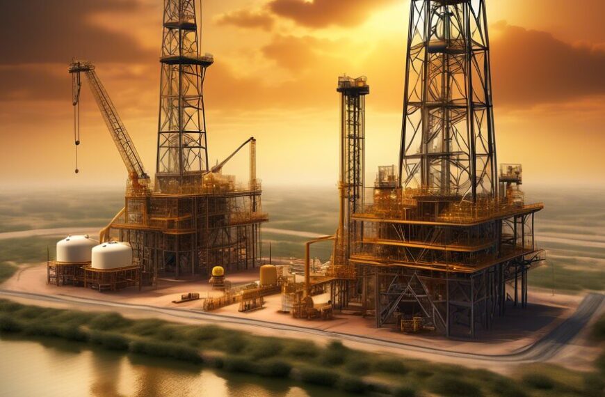 Create an image depicting the vital role of Oil & Gas Development Co (OGDCL) in the energy sector, showcasing an expansive oil rig operation with OGDCL-branded equipment, a sprawling landscape with pipelines, and a modern corporate office. Include elements such as engineers in safety gear, drilling machinery, and a backdrop of natural scenery, symbolizing the balance between industrial activity and environmental awareness.