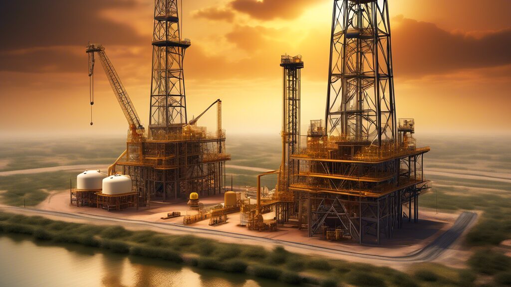 Create an image depicting the vital role of Oil & Gas Development Co (OGDCL) in the energy sector, showcasing an expansive oil rig operation with OGDCL-branded equipment, a sprawling landscape with pipelines, and a modern corporate office. Include elements such as engineers in safety gear, drilling machinery, and a backdrop of natural scenery, symbolizing the balance between industrial activity and environmental awareness.