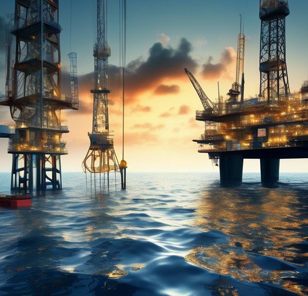 Create an image of an oil rig in the middle of an ocean, with a backdrop of high-tech exploration ships and advanced drilling equipment. Include elements like engineers analyzing data on a computer, cost charts, and graphs floating transparently above the scene to represent financial analysis. The image should convey the complexities and high costs associated with finding and developing oil and gas resources.