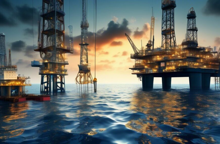 Create an image of an oil rig in the middle of an ocean, with a backdrop of high-tech exploration ships and advanced drilling equipment. Include elements like engineers analyzing data on a computer, cost charts, and graphs floating transparently above the scene to represent financial analysis. The image should convey the complexities and high costs associated with finding and developing oil and gas resources.