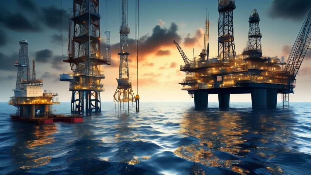 Create an image of an oil rig in the middle of an ocean, with a backdrop of high-tech exploration ships and advanced drilling equipment. Include elements like engineers analyzing data on a computer, cost charts, and graphs floating transparently above the scene to represent financial analysis. The image should convey the complexities and high costs associated with finding and developing oil and gas resources.