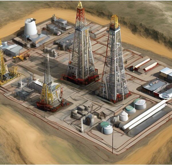 Generate an image showing an oil and gas exploration site with a focus on infill wells. The scene should include multiple drilling rigs, well pads, and advanced extraction equipment. Highlight the spacing between the original wells and the new infill wells to emphasize their strategic placement. Include geological layers and underground reservoirs in a cutaway view to show where these infill wells are targeting additional oil and gas resources. The setting should be realistic and technical, showcasing an active, modern exploration field.