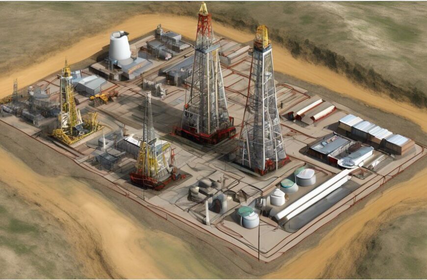 Generate an image showing an oil and gas exploration site with a focus on infill wells. The scene should include multiple drilling rigs, well pads, and advanced extraction equipment. Highlight the spacing between the original wells and the new infill wells to emphasize their strategic placement. Include geological layers and underground reservoirs in a cutaway view to show where these infill wells are targeting additional oil and gas resources. The setting should be realistic and technical, showcasing an active, modern exploration field.