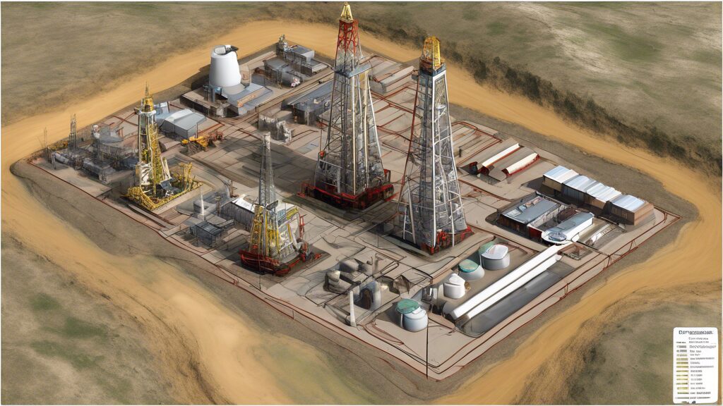 Generate an image showing an oil and gas exploration site with a focus on infill wells. The scene should include multiple drilling rigs, well pads, and advanced extraction equipment. Highlight the spacing between the original wells and the new infill wells to emphasize their strategic placement. Include geological layers and underground reservoirs in a cutaway view to show where these infill wells are targeting additional oil and gas resources. The setting should be realistic and technical, showcasing an active, modern exploration field.