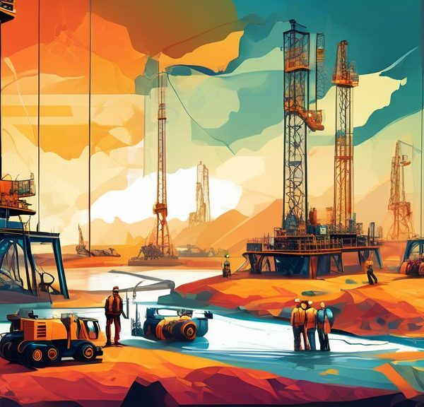 Create an image that depicts the rise of independent hydrocarbon exploration and development companies. Show modern, high-tech drilling equipment and small, agile teams working in remote landscapes. Highlight innovation and progress with a backdrop of oil rigs, geological surveying equipment, and advanced data analytics. The scene should convey a sense of determination and entrepreneurial spirit.