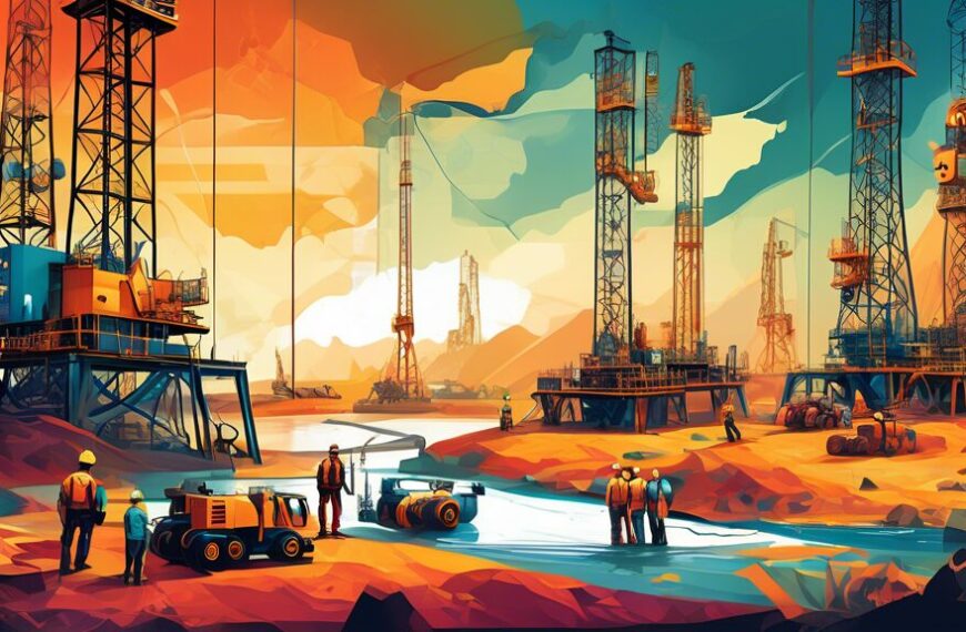 Create an image that depicts the rise of independent hydrocarbon exploration and development companies. Show modern, high-tech drilling equipment and small, agile teams working in remote landscapes. Highlight innovation and progress with a backdrop of oil rigs, geological surveying equipment, and advanced data analytics. The scene should convey a sense of determination and entrepreneurial spirit.