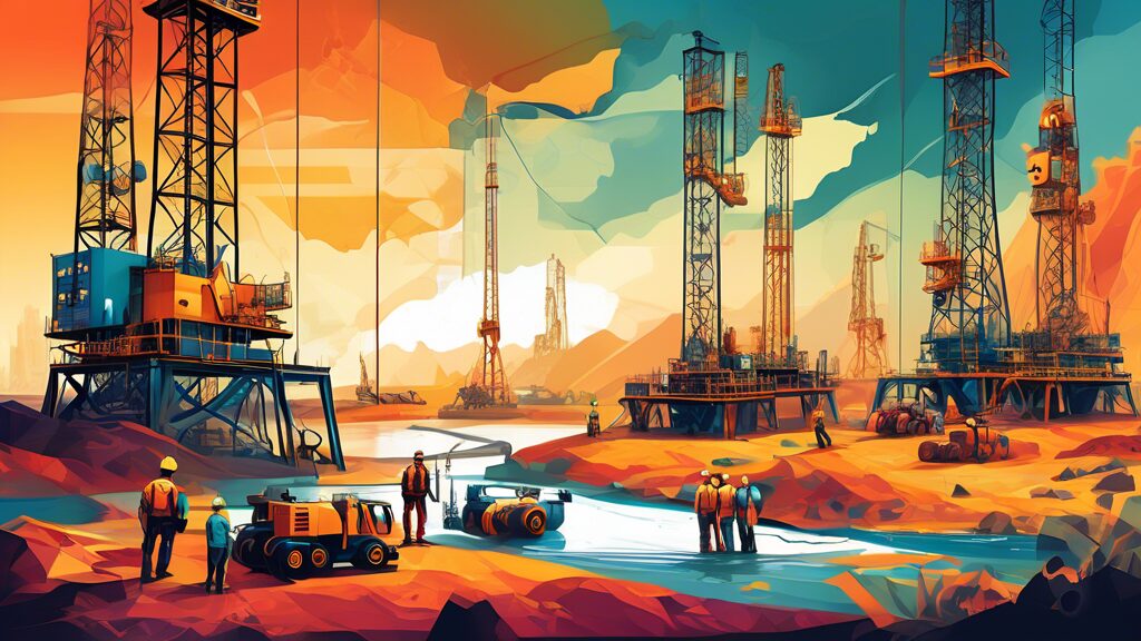 Create an image that depicts the rise of independent hydrocarbon exploration and development companies. Show modern, high-tech drilling equipment and small, agile teams working in remote landscapes. Highlight innovation and progress with a backdrop of oil rigs, geological surveying equipment, and advanced data analytics. The scene should convey a sense of determination and entrepreneurial spirit.