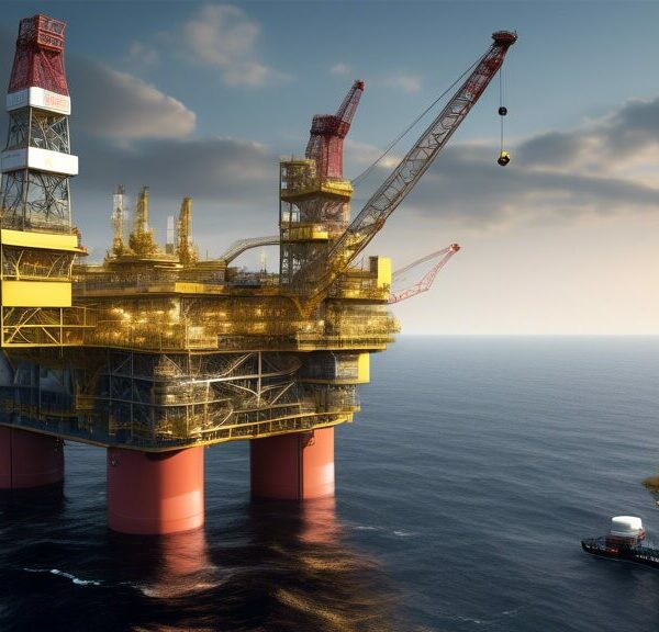 Generate an image depicting the Gina Krog Oil Field situated in the North Sea. Illustrate an expansive offshore oil platform with advanced drilling structures and machinery against the backdrop of a calm sea and a clear sky. Include support vessels and helicopters, symbolizing the logistics and operations involved. Emphasize the high-tech nature of the facilities, showcasing modern energy development and innovation.