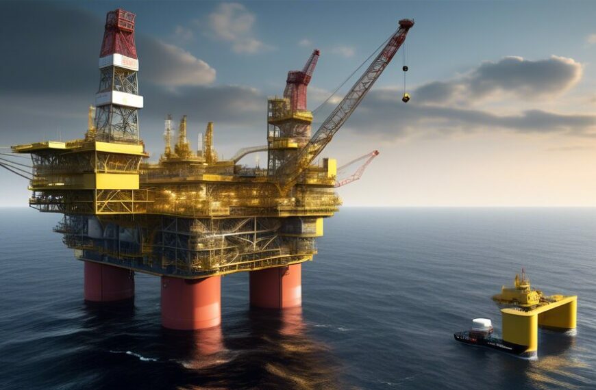 Generate an image depicting the Gina Krog Oil Field situated in the North Sea. Illustrate an expansive offshore oil platform with advanced drilling structures and machinery against the backdrop of a calm sea and a clear sky. Include support vessels and helicopters, symbolizing the logistics and operations involved. Emphasize the high-tech nature of the facilities, showcasing modern energy development and innovation.