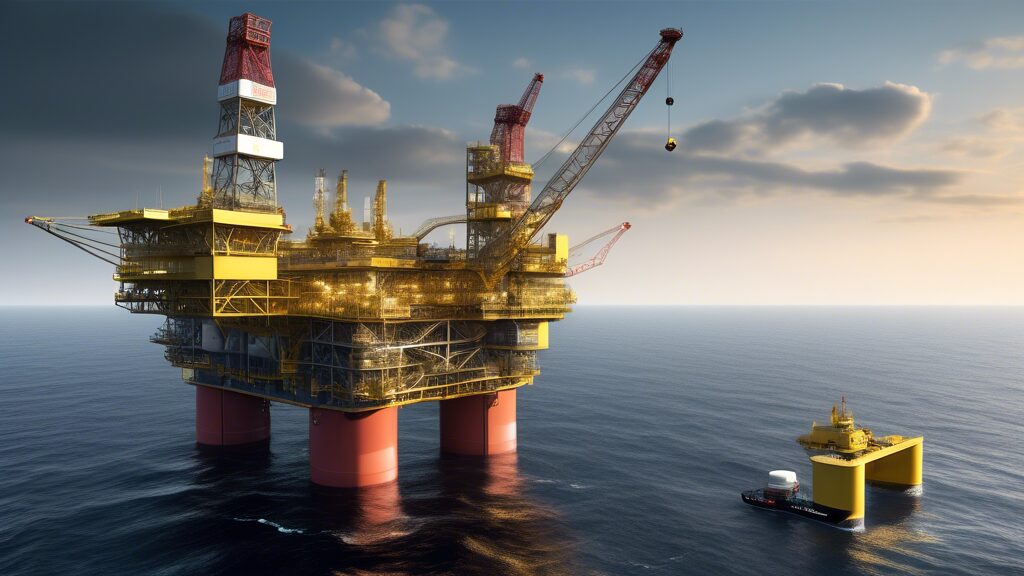 Generate an image depicting the Gina Krog Oil Field situated in the North Sea. Illustrate an expansive offshore oil platform with advanced drilling structures and machinery against the backdrop of a calm sea and a clear sky. Include support vessels and helicopters, symbolizing the logistics and operations involved. Emphasize the high-tech nature of the facilities, showcasing modern energy development and innovation.