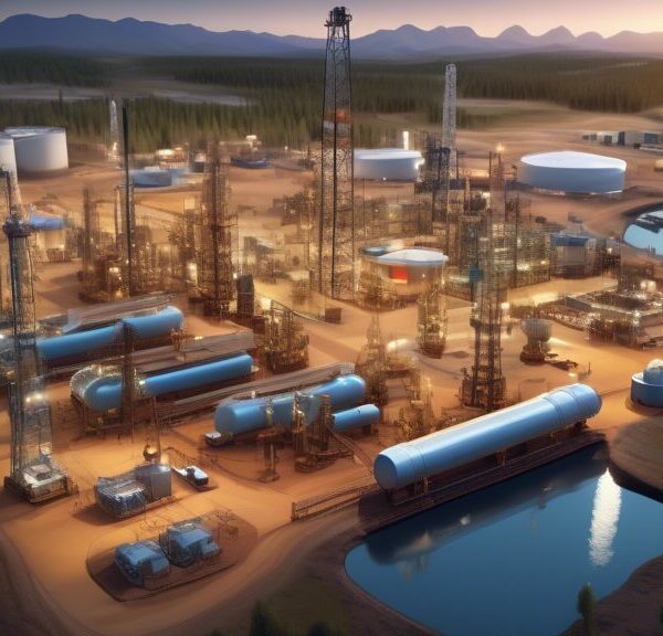 Create a highly detailed illustration of a state-of-the-art oil and gas exploration site, blending futuristic technology with natural landscapes. Include advanced drilling rigs, drones surveying the area, and automated machinery. In the background, show pipelines seamlessly integrated with the environment, cutting-edge control centers with digital monitors, and engineers using augmented reality glasses. Depict a harmonious balance between industrial activity and environmental preservation, highlighting renewable energy sources like wind turbines and solar panels complementing the scene.