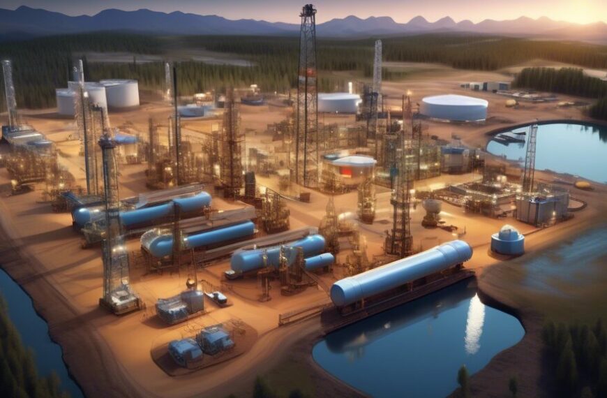 Create a highly detailed illustration of a state-of-the-art oil and gas exploration site, blending futuristic technology with natural landscapes. Include advanced drilling rigs, drones surveying the area, and automated machinery. In the background, show pipelines seamlessly integrated with the environment, cutting-edge control centers with digital monitors, and engineers using augmented reality glasses. Depict a harmonious balance between industrial activity and environmental preservation, highlighting renewable energy sources like wind turbines and solar panels complementing the scene.