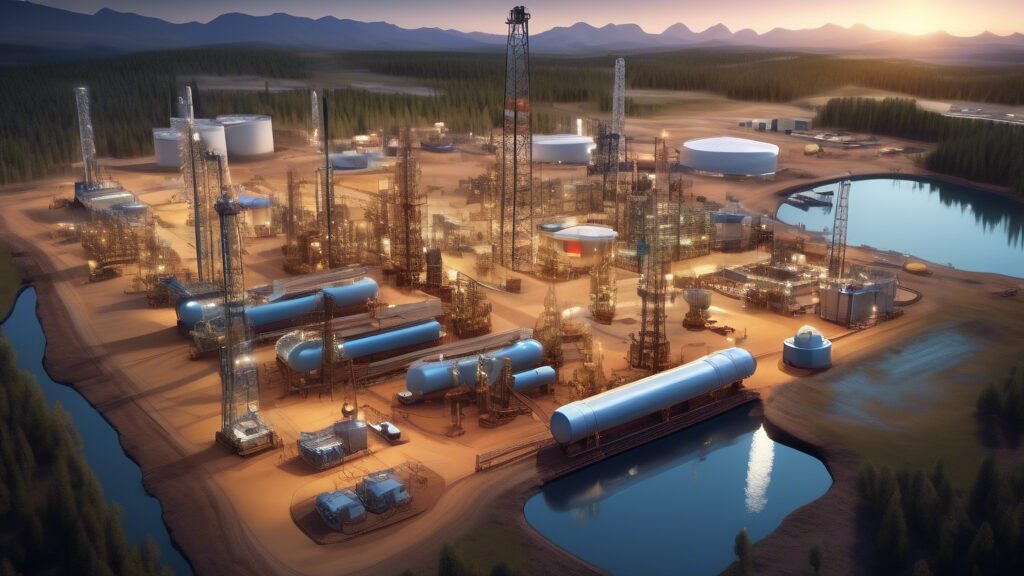 Create a highly detailed illustration of a state-of-the-art oil and gas exploration site, blending futuristic technology with natural landscapes. Include advanced drilling rigs, drones surveying the area, and automated machinery. In the background, show pipelines seamlessly integrated with the environment, cutting-edge control centers with digital monitors, and engineers using augmented reality glasses. Depict a harmonious balance between industrial activity and environmental preservation, highlighting renewable energy sources like wind turbines and solar panels complementing the scene.