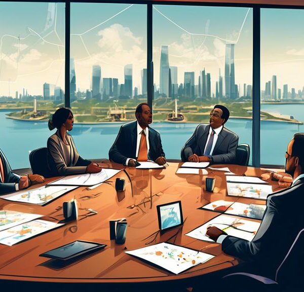 Create an illustration of an executive boardroom where a diverse group of business professionals are engaged in a strategic planning session for oil and gas expansion. The room features large windows with a view of an urban skyline and offshore oil rigs in the distance. On the conference table are maps, charts, laptops, and legal pads. The atmosphere is energetic and collaborative, with some team members pointing at a large screen displaying graphs and projected growth figures.