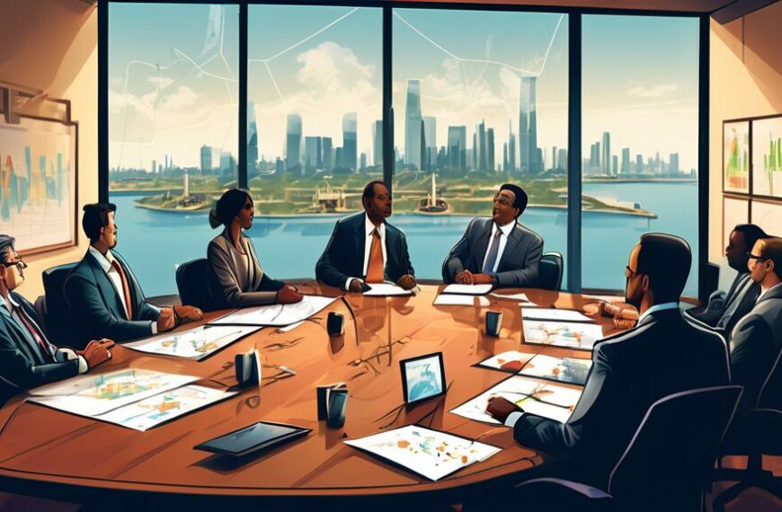 Create an illustration of an executive boardroom where a diverse group of business professionals are engaged in a strategic planning session for oil and gas expansion. The room features large windows with a view of an urban skyline and offshore oil rigs in the distance. On the conference table are maps, charts, laptops, and legal pads. The atmosphere is energetic and collaborative, with some team members pointing at a large screen displaying graphs and projected growth figures.