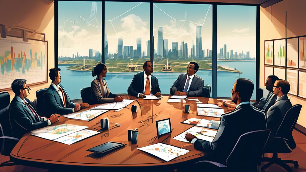 Create an illustration of an executive boardroom where a diverse group of business professionals are engaged in a strategic planning session for oil and gas expansion. The room features large windows with a view of an urban skyline and offshore oil rigs in the distance. On the conference table are maps, charts, laptops, and legal pads. The atmosphere is energetic and collaborative, with some team members pointing at a large screen displaying graphs and projected growth figures.