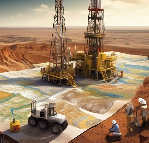 Create an image of a rugged landscape with active oil and gas extraction operations, featuring both traditional drilling rigs and modern hydraulic fracturing equipment. In the foreground, there are engineers and geologists examining geological maps and core samples. Include a variety of terrains such as shale formations and tight sandstone. The background shows a mix of cutting-edge technology and natural elements, highlighting both the challenges and innovations in unconventional oil and gas resource development. The setting should convey a sense of meticulous study and advanced exploration.