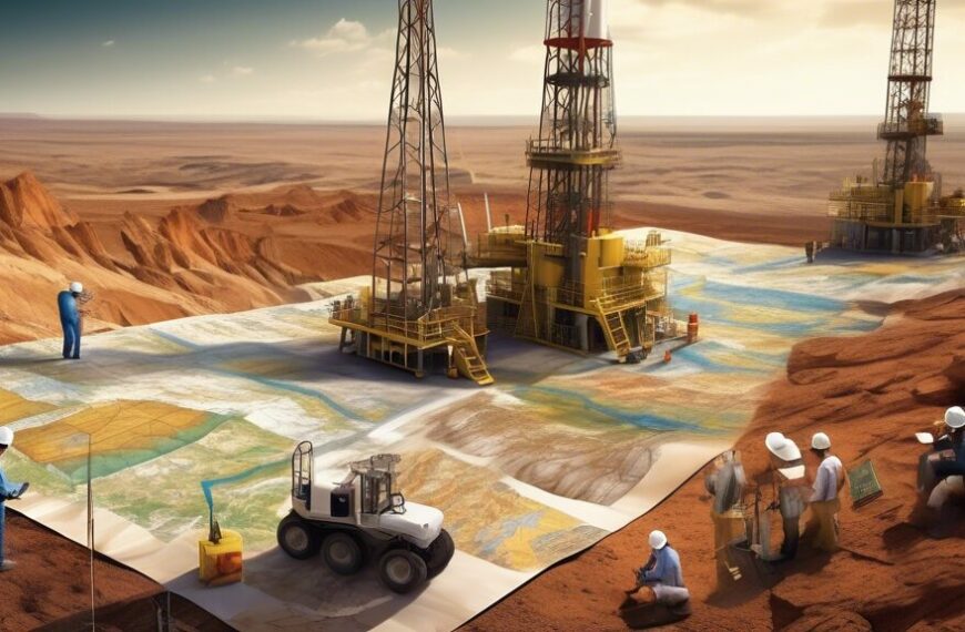 Create an image of a rugged landscape with active oil and gas extraction operations, featuring both traditional drilling rigs and modern hydraulic fracturing equipment. In the foreground, there are engineers and geologists examining geological maps and core samples. Include a variety of terrains such as shale formations and tight sandstone. The background shows a mix of cutting-edge technology and natural elements, highlighting both the challenges and innovations in unconventional oil and gas resource development. The setting should convey a sense of meticulous study and advanced exploration.