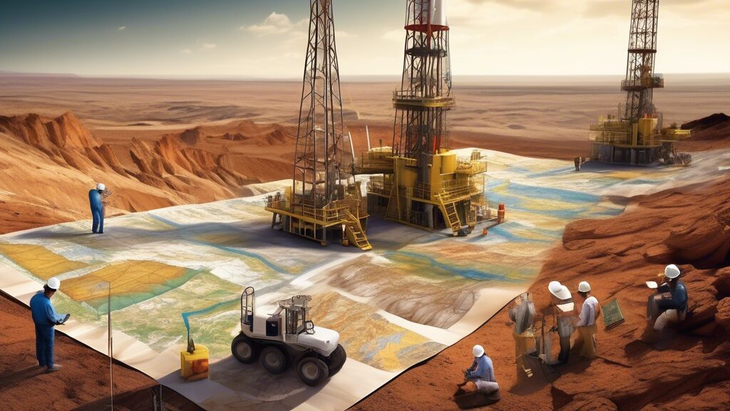 Create an image of a rugged landscape with active oil and gas extraction operations, featuring both traditional drilling rigs and modern hydraulic fracturing equipment. In the foreground, there are engineers and geologists examining geological maps and core samples. Include a variety of terrains such as shale formations and tight sandstone. The background shows a mix of cutting-edge technology and natural elements, highlighting both the challenges and innovations in unconventional oil and gas resource development. The setting should convey a sense of meticulous study and advanced exploration.