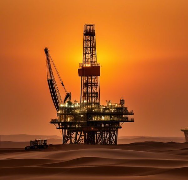 A dynamic oil rig in the vast Omani desert at sunset, with modern technology and advanced machinery, showcasing a bustling hub of activity. Engineers in protective gear are seen utilizing innovative tools and monitoring systems. The backdrop features a blend of traditional Omani elements and futuristic energy solutions, symbolizing the integration of heritage and cutting-edge advancements in PDO's oil and gas operations.