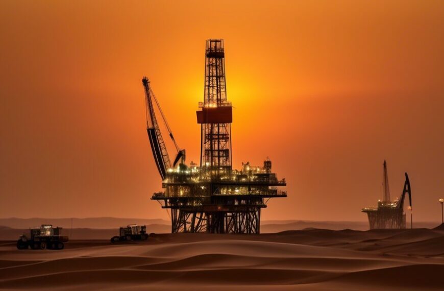 A dynamic oil rig in the vast Omani desert at sunset, with modern technology and advanced machinery, showcasing a bustling hub of activity. Engineers in protective gear are seen utilizing innovative tools and monitoring systems. The backdrop features a blend of traditional Omani elements and futuristic energy solutions, symbolizing the integration of heritage and cutting-edge advancements in PDO's oil and gas operations.