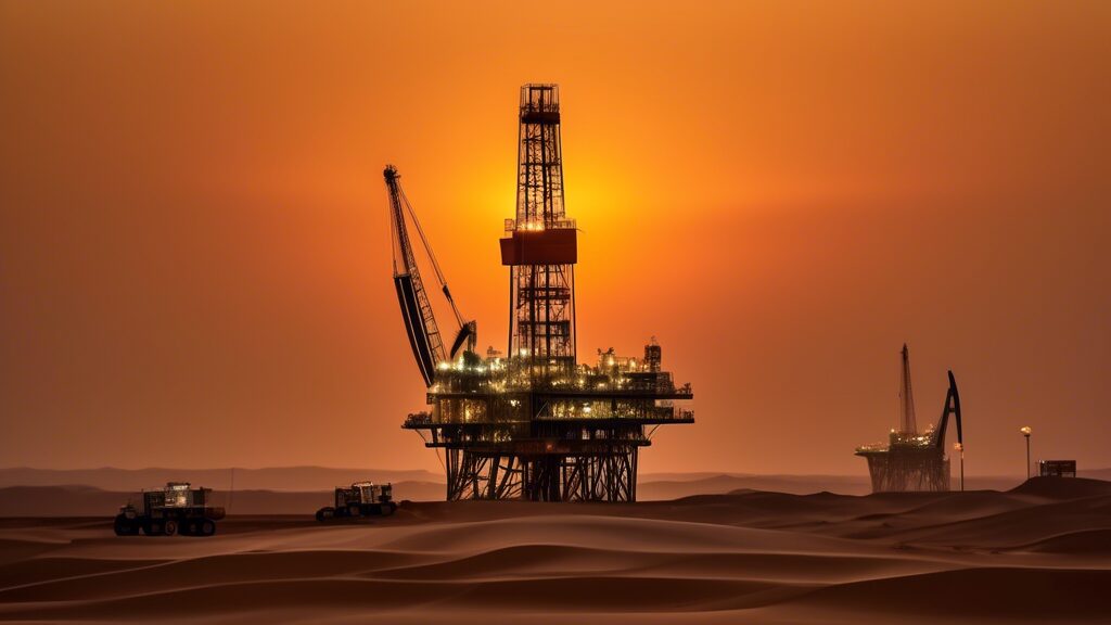 A dynamic oil rig in the vast Omani desert at sunset, with modern technology and advanced machinery, showcasing a bustling hub of activity. Engineers in protective gear are seen utilizing innovative tools and monitoring systems. The backdrop features a blend of traditional Omani elements and futuristic energy solutions, symbolizing the integration of heritage and cutting-edge advancements in PDO's oil and gas operations.